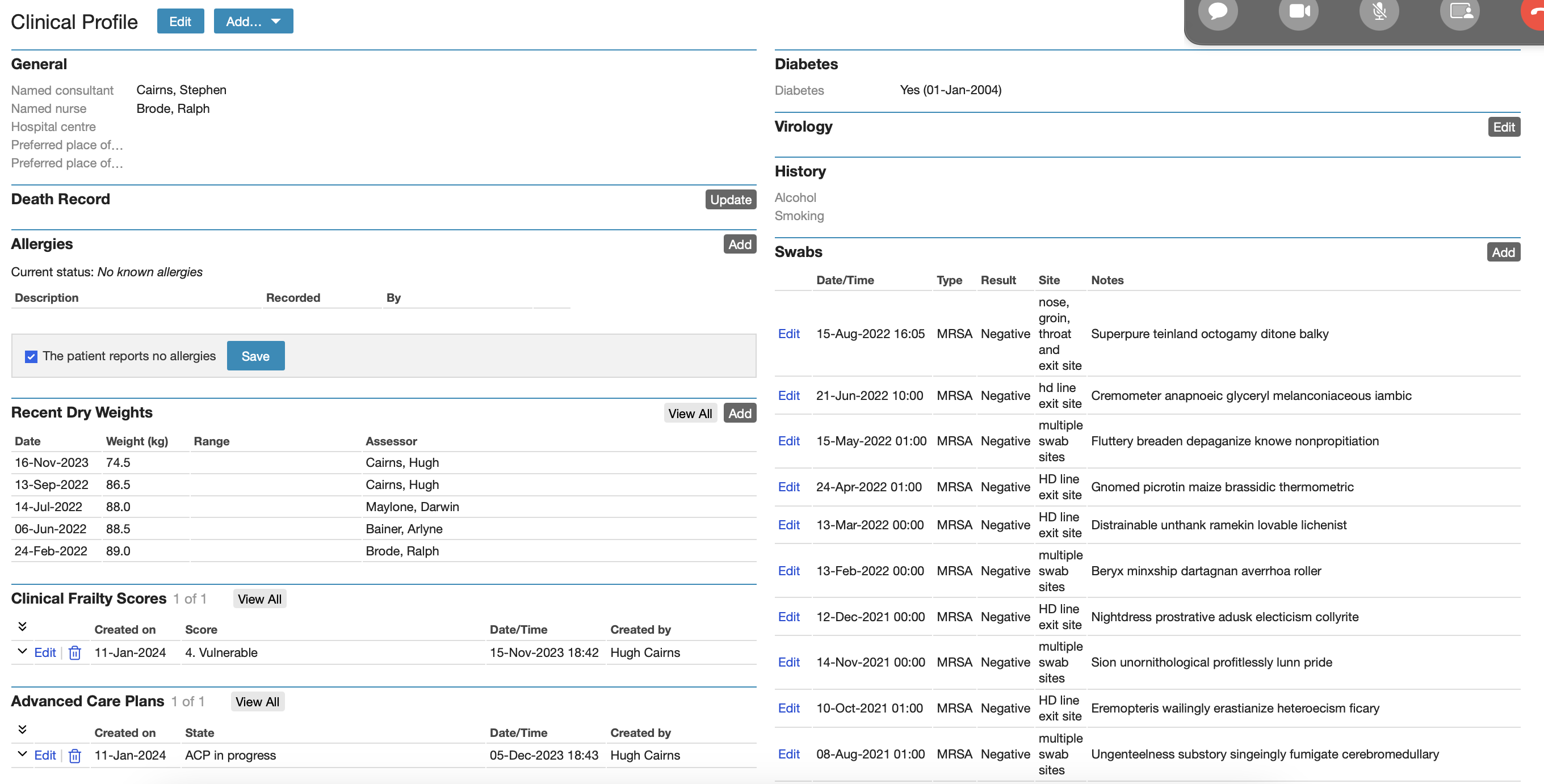 Clinical Profile screen