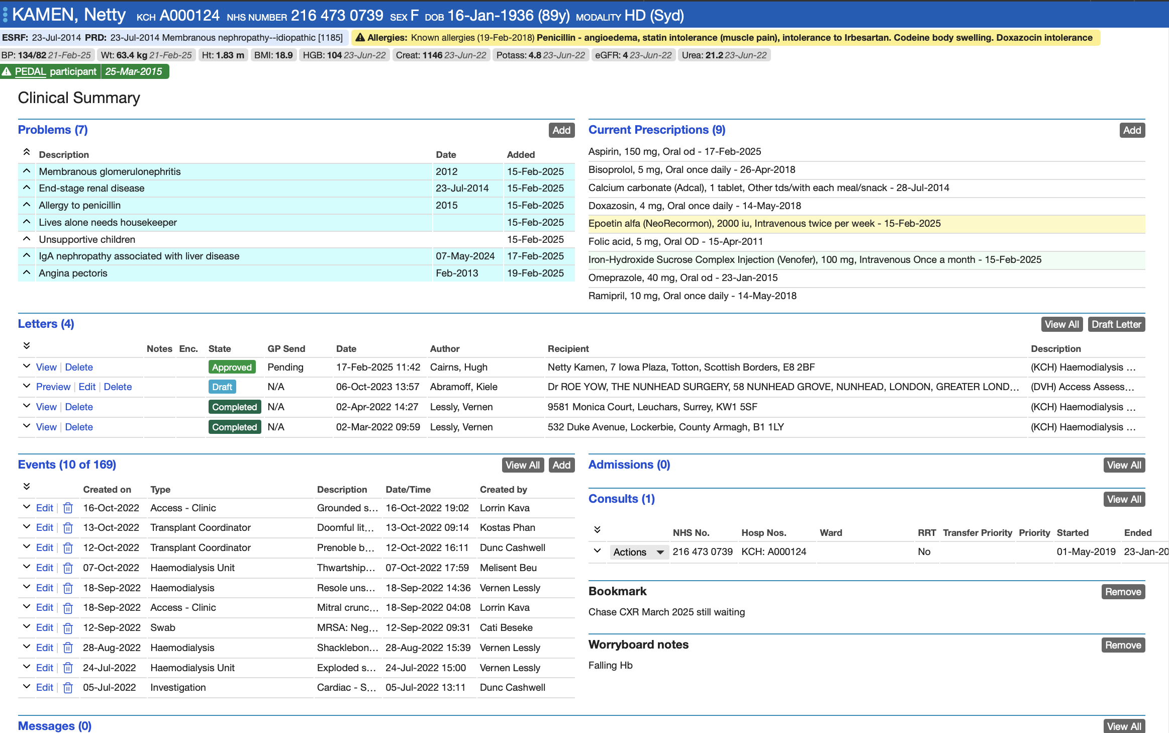 Main Clinical Summary screen