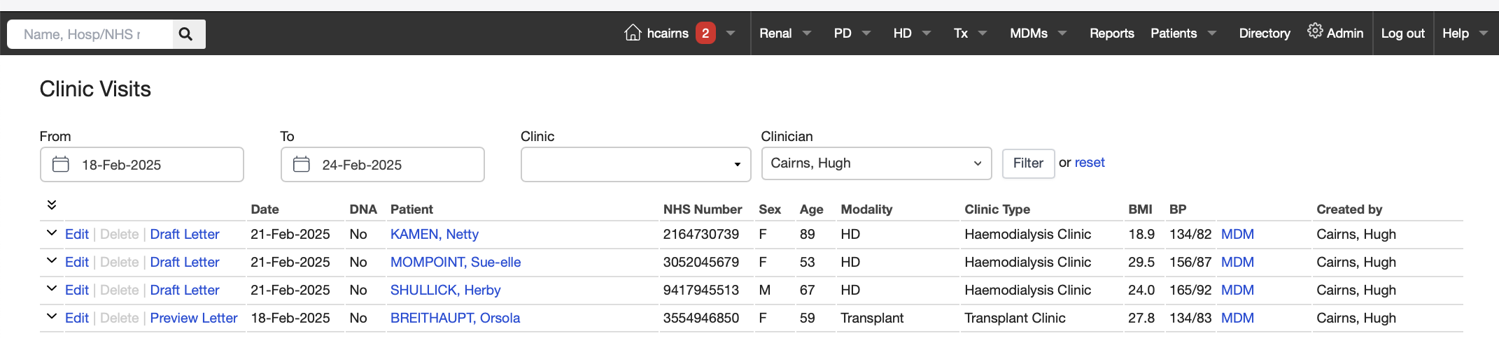 Clinic Visits list with “Draft Letter” option to create a new Clinic Letter