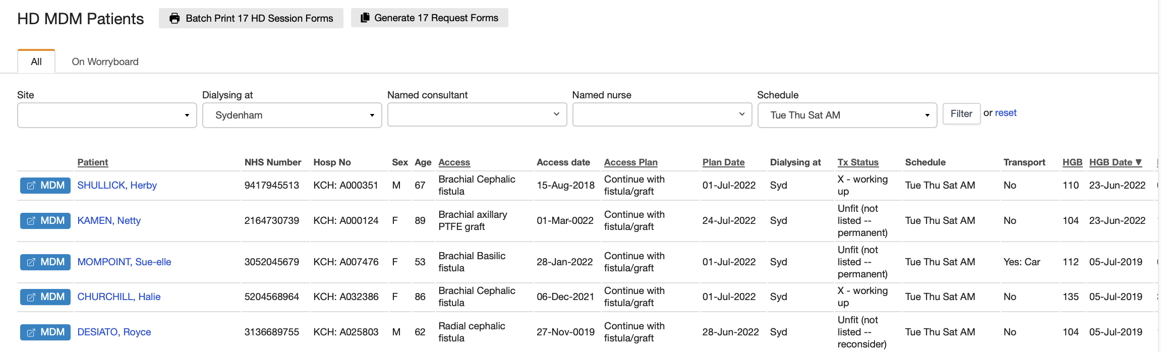 Sample HD MDM list filtered by dialysis site and schedule