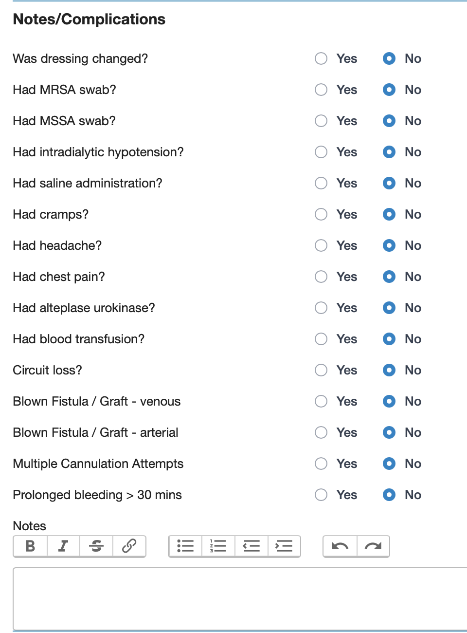 HD Session Notes & Complications entry