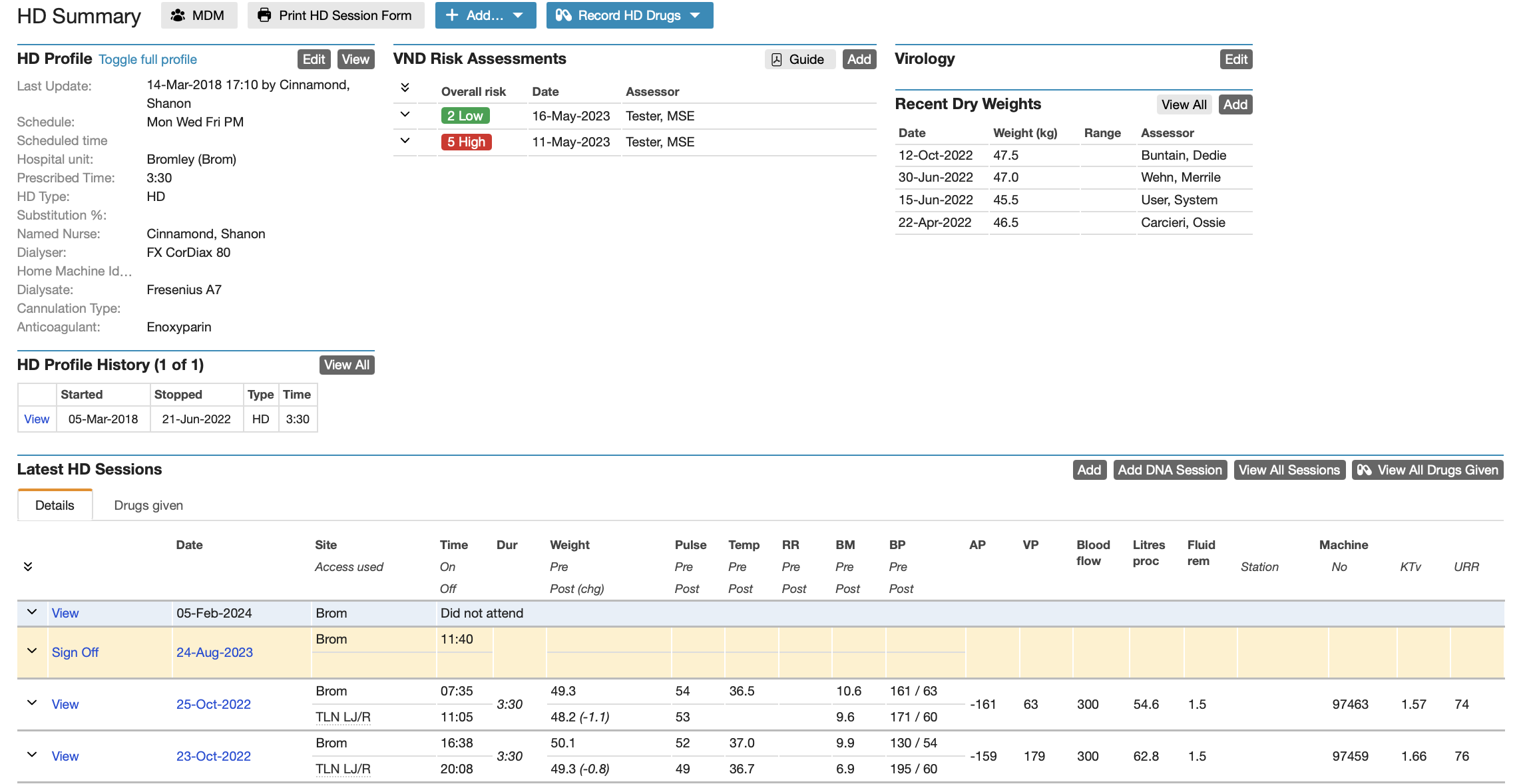 HD Summary screen with recent sessions listing