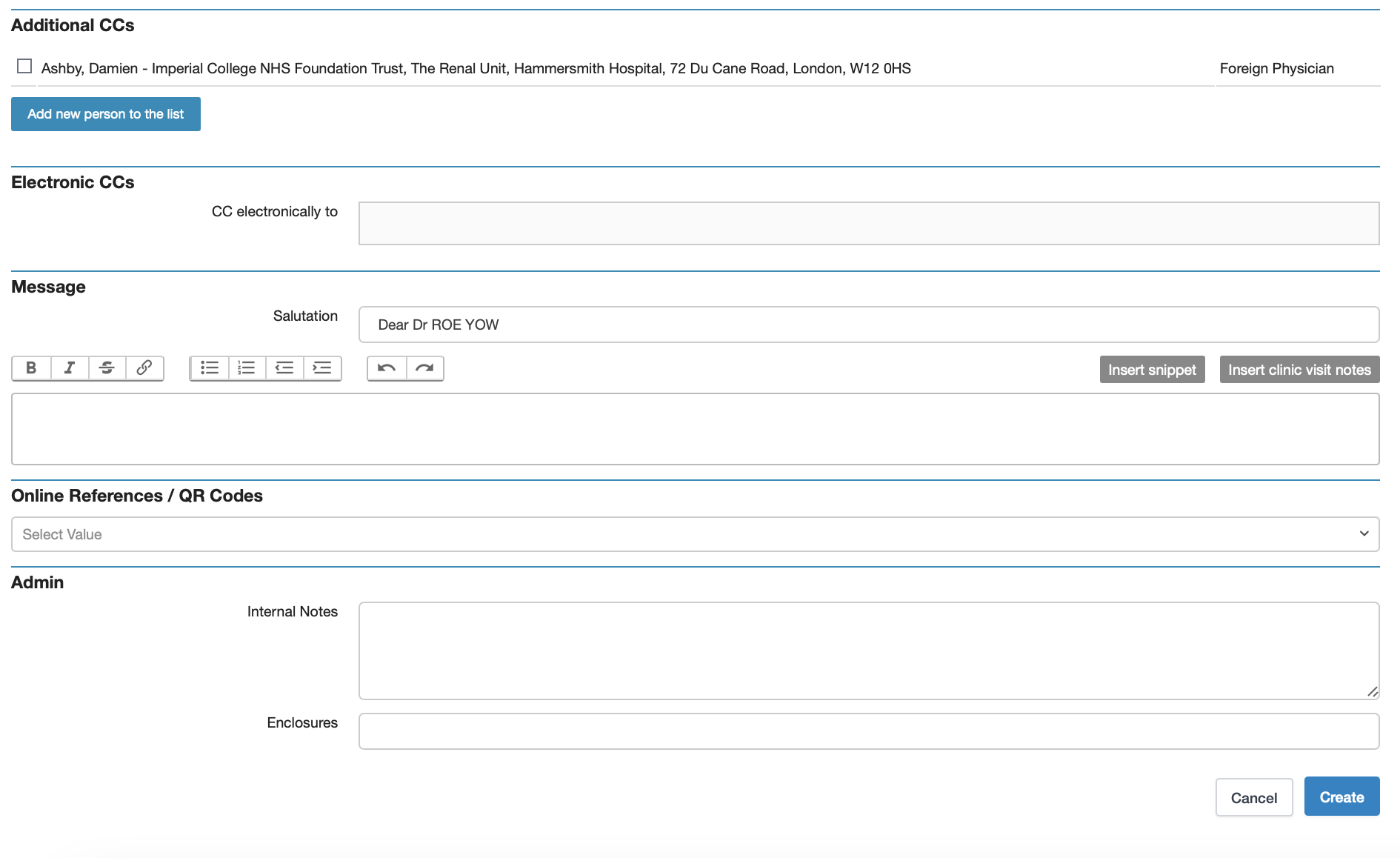 Bottom of Clinical Letter form including CC recipient options.