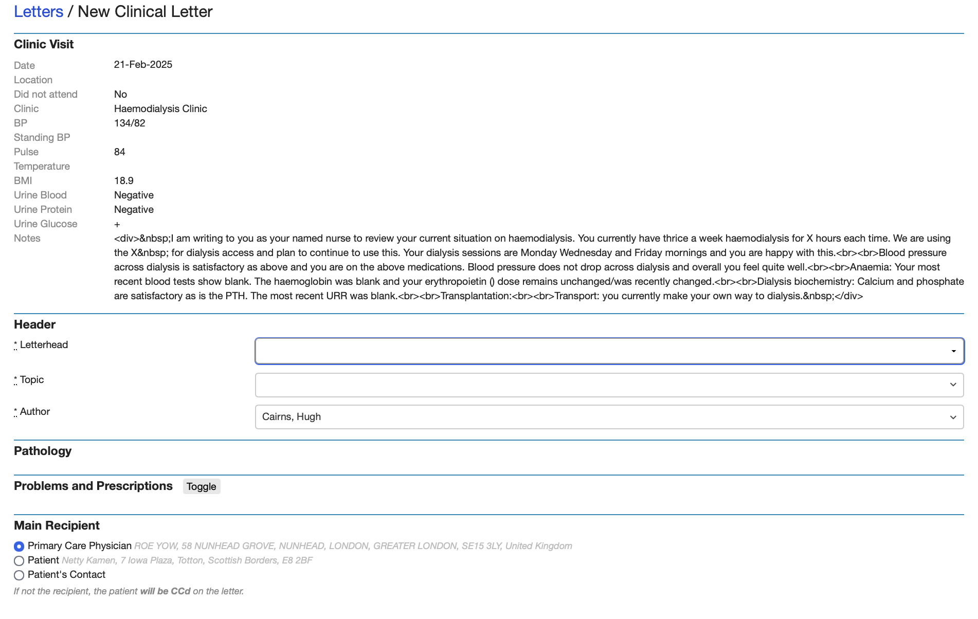 Creating a new Clinical Letter from a Clinic Visit