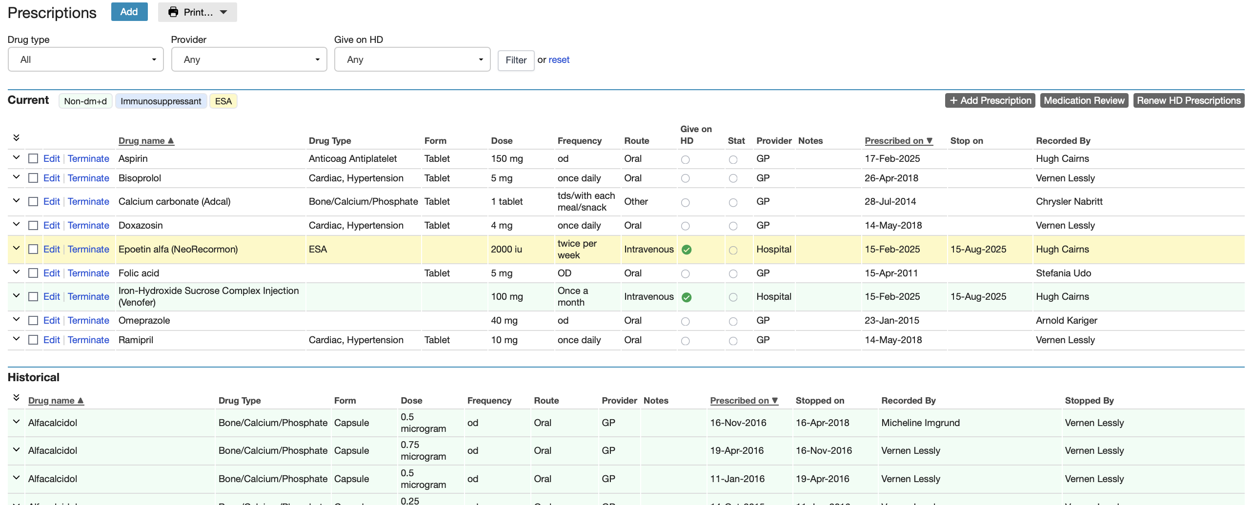 Prescriptions screen lists current and historical medications