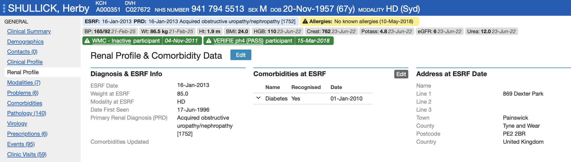 Sample Renal Profile screen