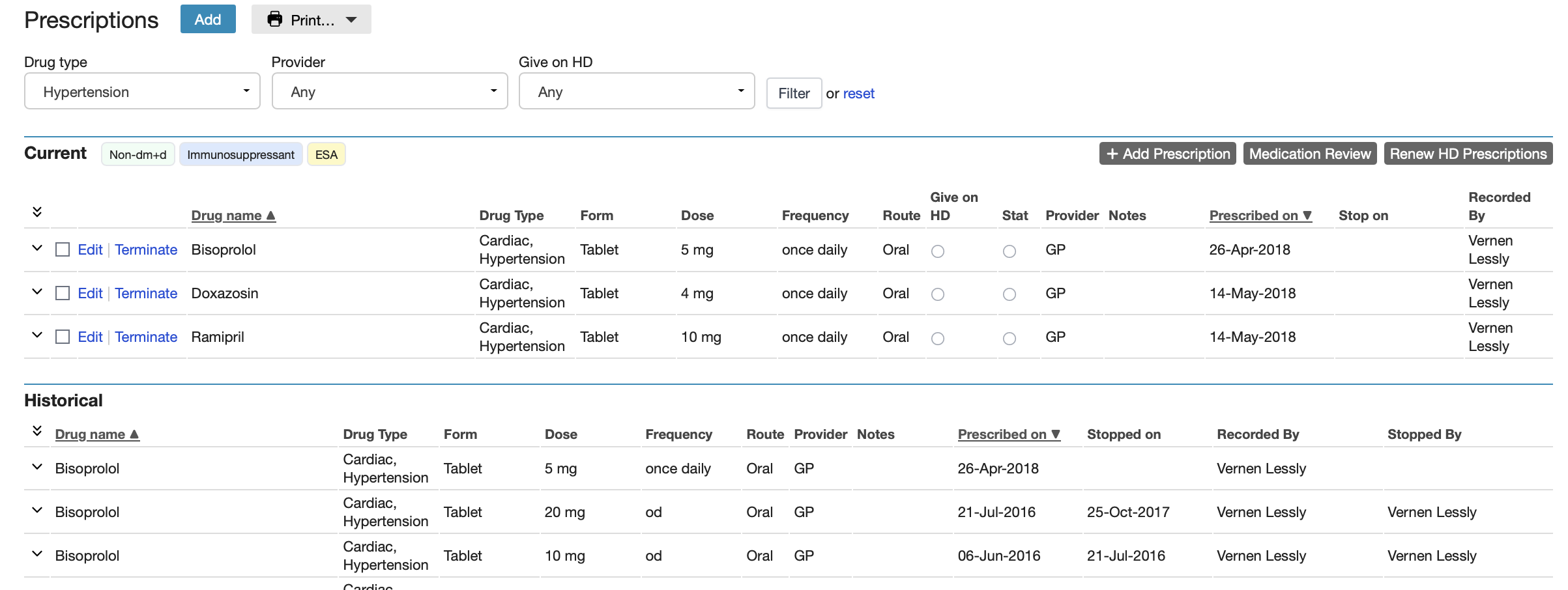 Filtering current and historical prescriptions