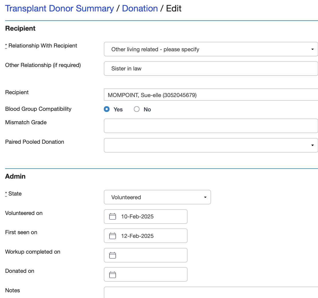 Transplant Donation entry form