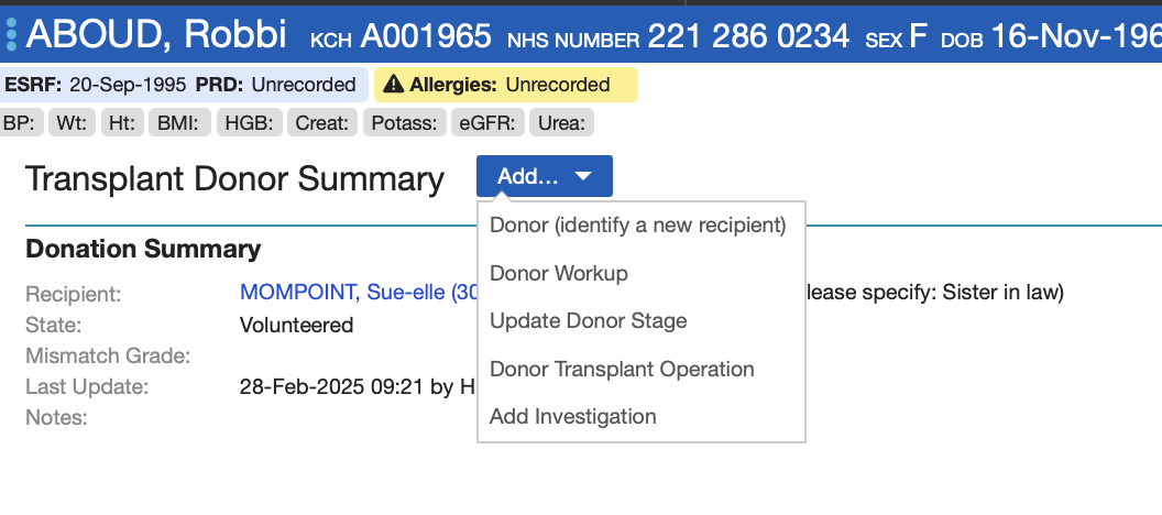 Transplant Donor Summary with options displayed