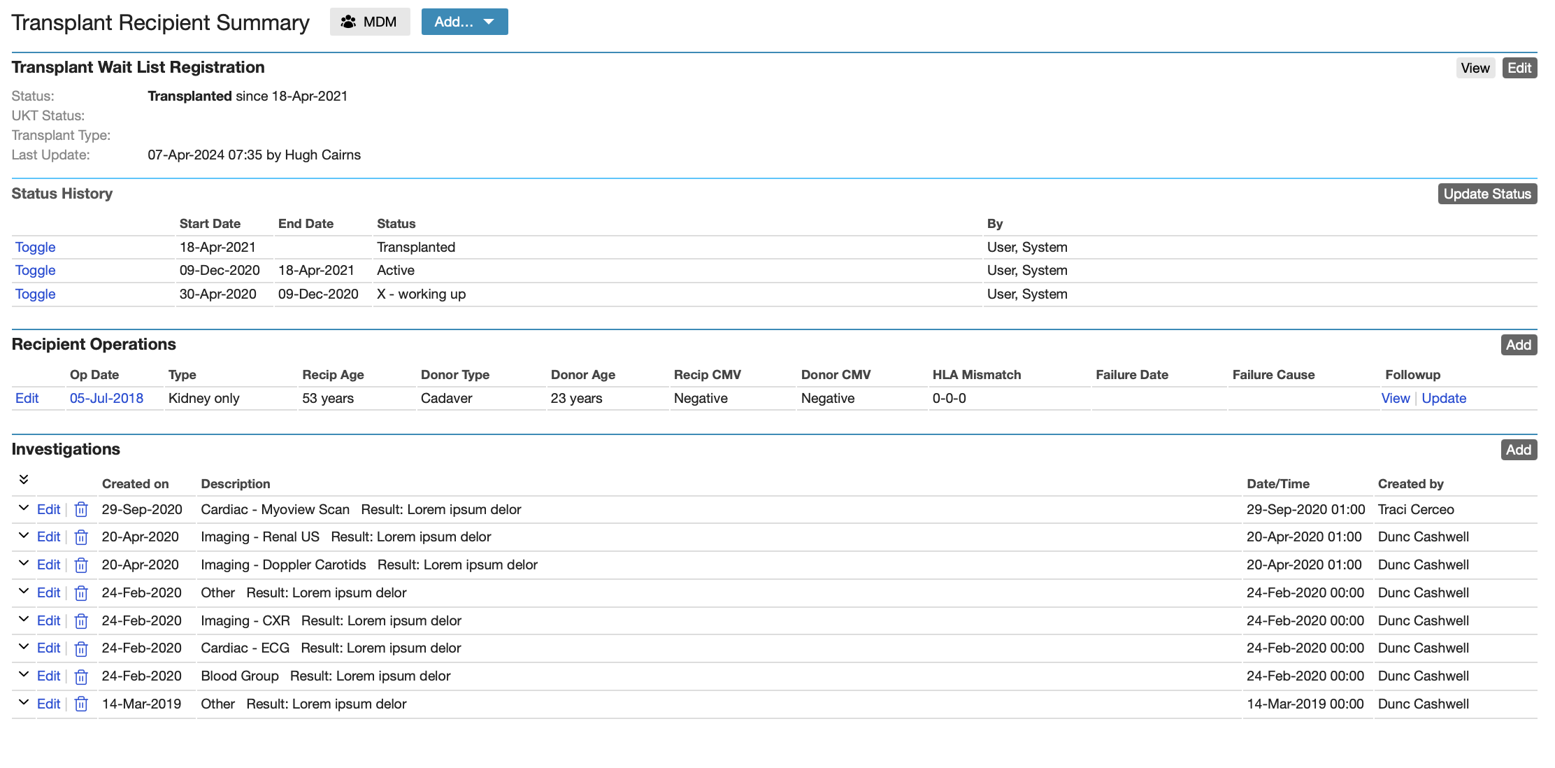 Transplant Recipient Summary showing status, operations, and recent investigations.