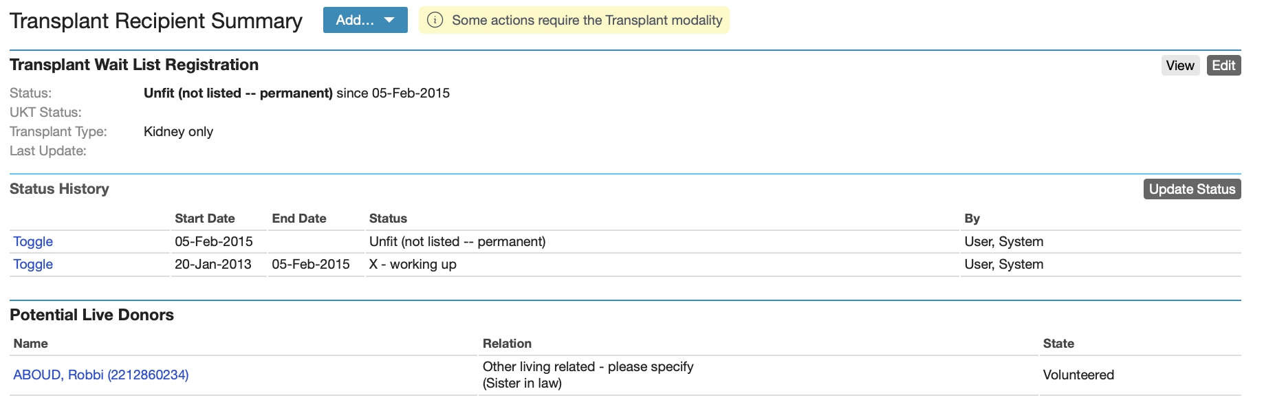 Transplant Recipient Summary with link to a potential live donor